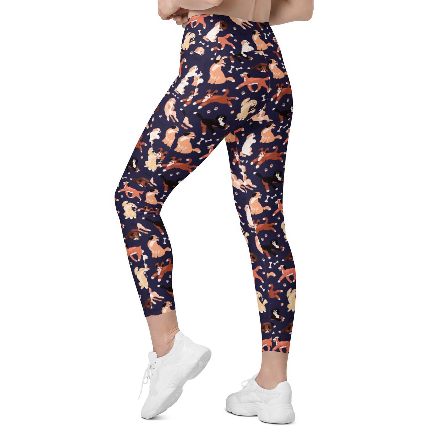 back left view of Pixie and Sherbet’s Puppy Parade Crossover Leggings with a playful dog print, high-waisted crossover waistband, and side pockets.