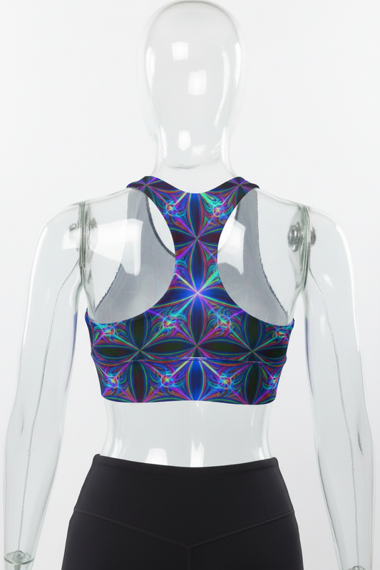 Rear view of a mannequin wearing a sports bra with a vibrant, multicolored kaleidoscopic geometric pattern in purple, blue, green, and pink, paired with black leggings against a white background.