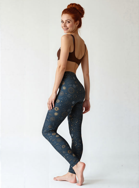Woman wearing Pixie and Sherbet’s Celestial Luxe Yoga leggings featuring a dark navy base with gold celestial sun, moon, and star print, standing barefoot and smiling in a relaxed pose against a light background.