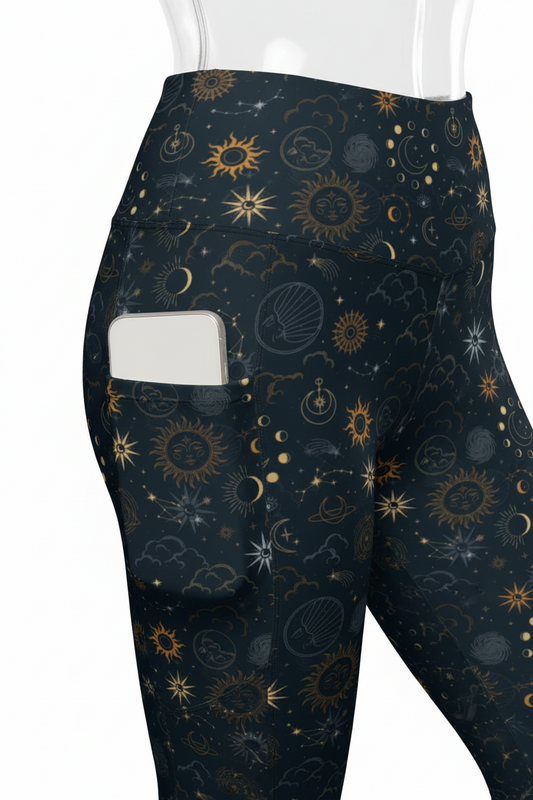 Close-up of a mannequin wearing leggings with a dark navy base and an allover celestial print of gold and gray suns, moons, and stars. The fabric has a side pocket, and the model's hand is shown reaching into the pocket.