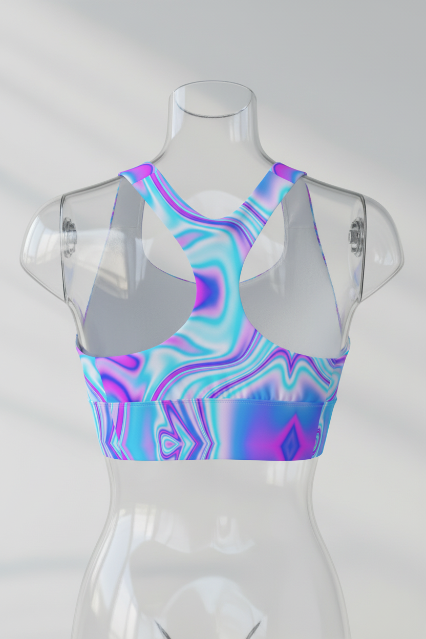 A women's sports bra with a vibrant, multicolor abstract fluid pattern in shades of blue, purple, and pink, featuring solid white underbust cups and racerback straps, shown against a plain white background.