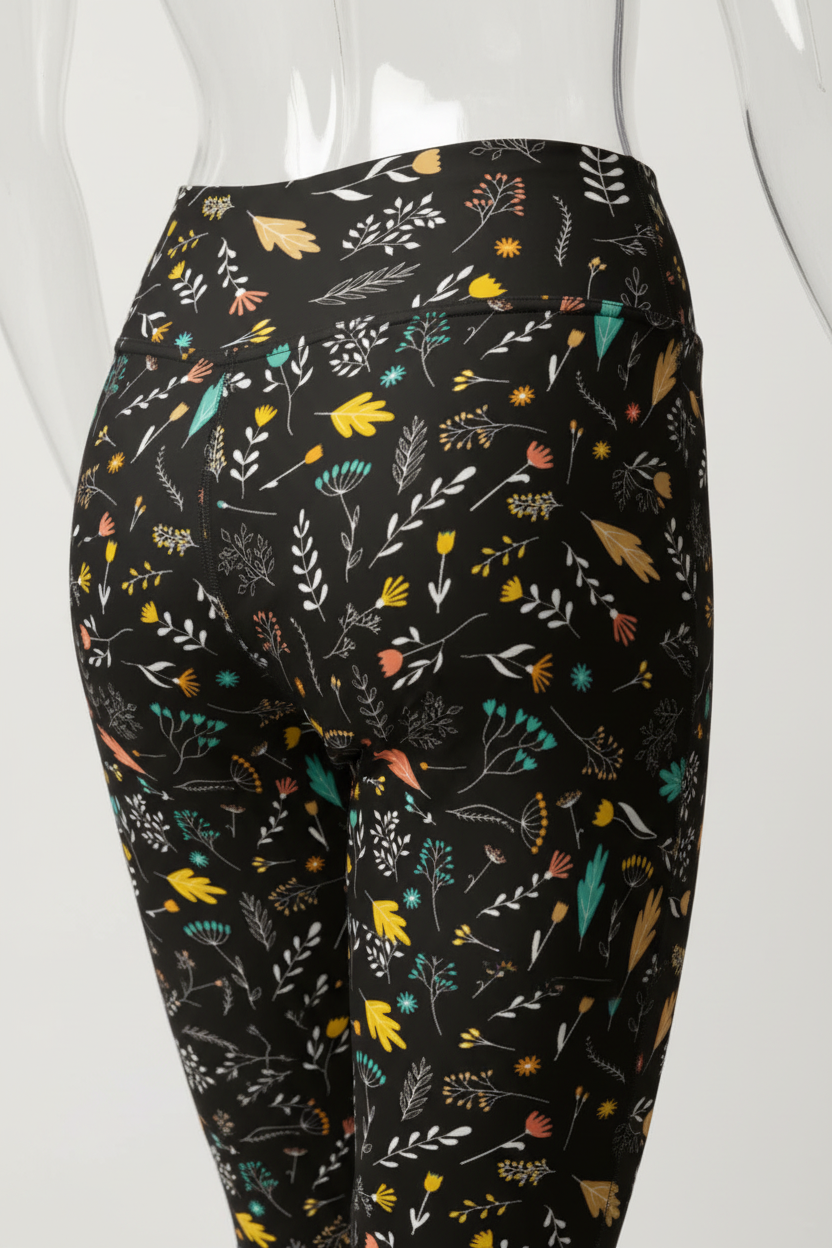Close-up of a mannequin wearing black leggings with a colorful botanical and floral print, showing the hip and thigh area against a plain white background.