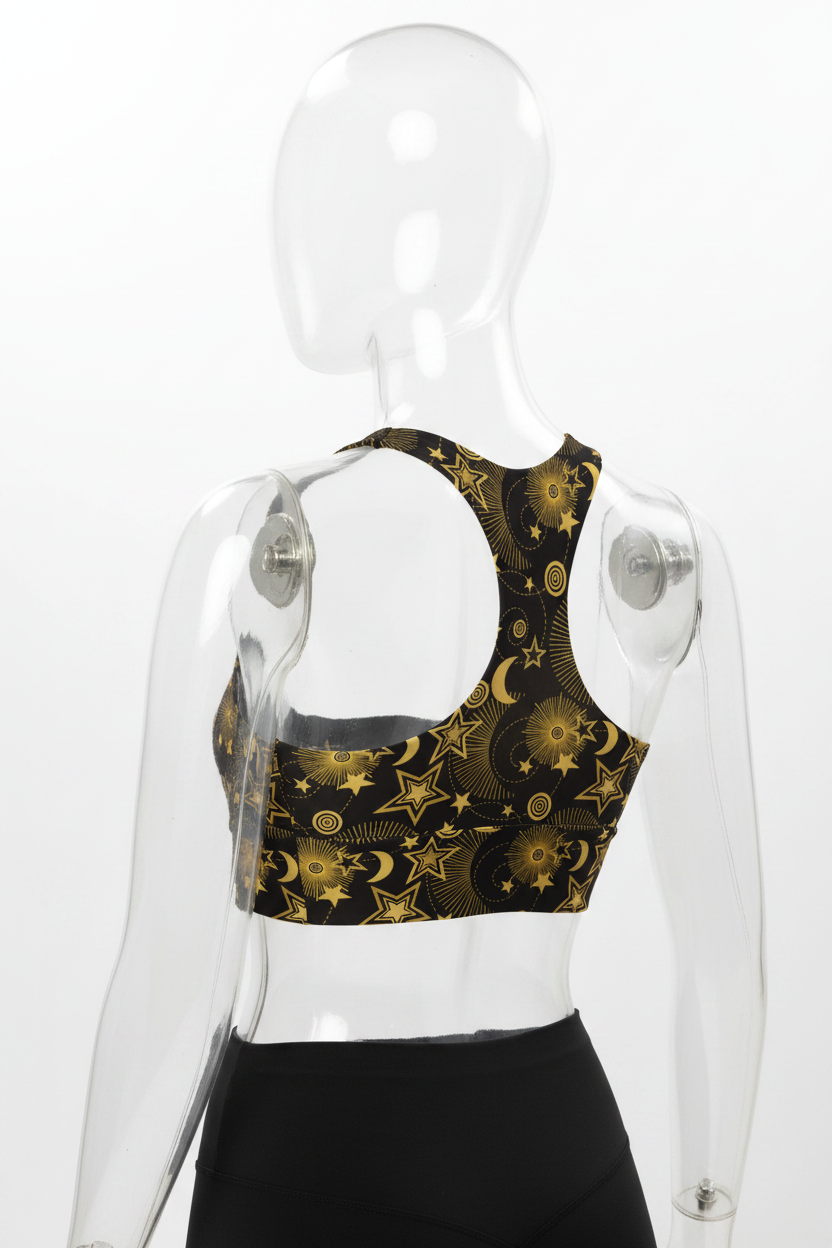 A clear mannequin shown from the back wearing a black sports bra with a gold celestial pattern of stars and crescent moons, paired with black leggings, against a plain white background.