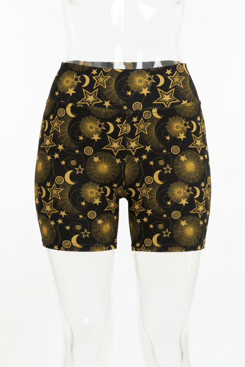 Black yoga shorts with a gold celestial pattern of stars, moons, and sunbursts, shown on a model.