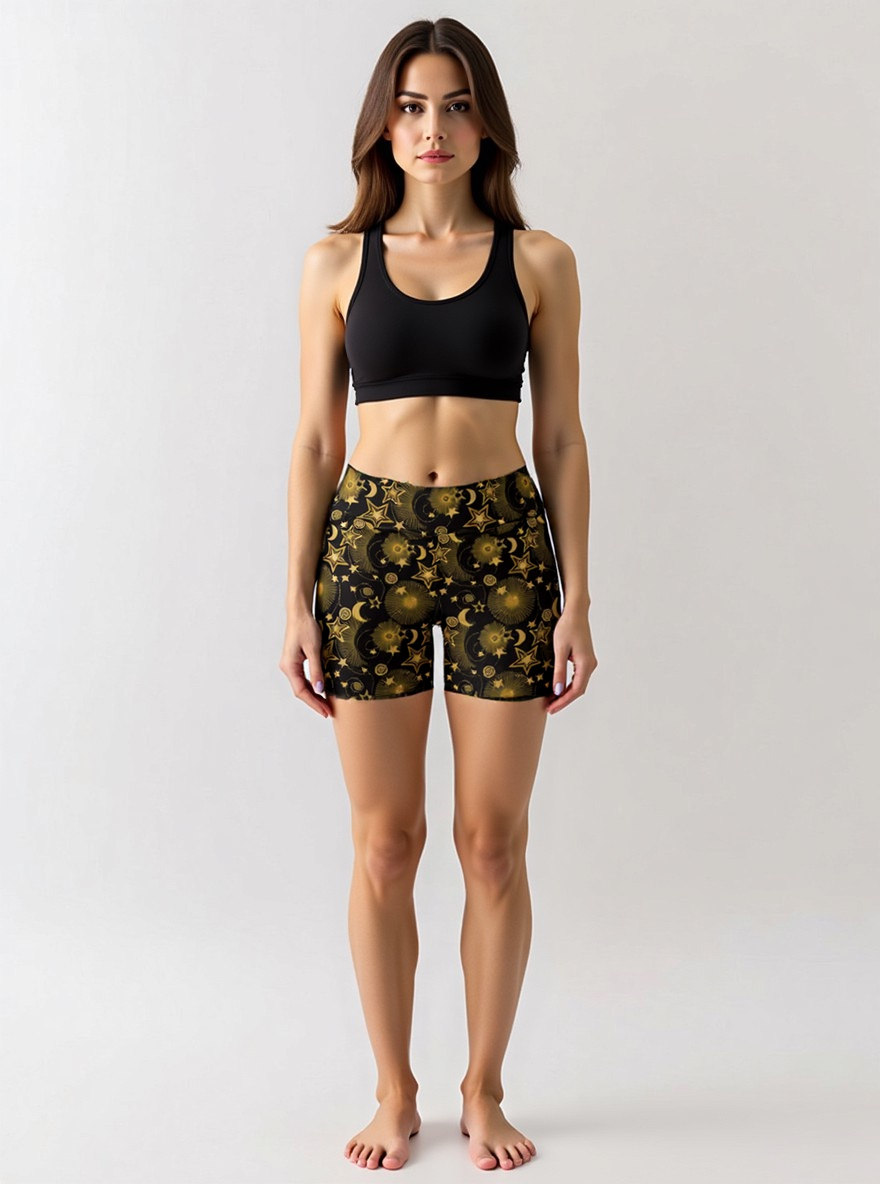 Woman wearing Midnight Halo yoga shorts with a black and gold celestial pattern of stars, suns, and moons, paired with a black sports bra, standing barefoot and turned slightly to the side against a plain light background.