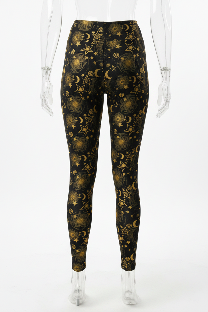 A mannequin from the back wearing high-waisted leggings with an allover celestial print of gold stars, crescent moons, and glowing orbs on a black background, against a plain white studio backdrop.