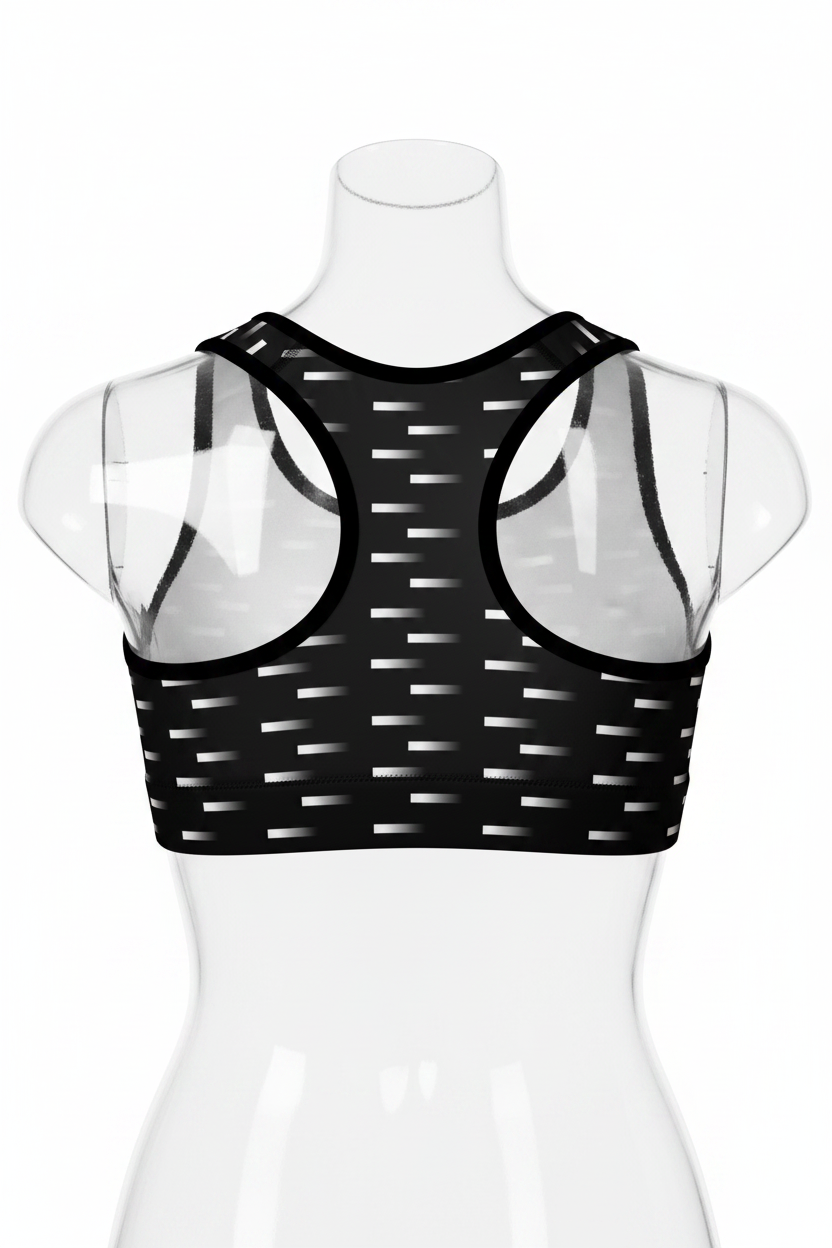 Black racerback sports bra with a white geometric pattern and white underwire cups, shown from the back on a white background.