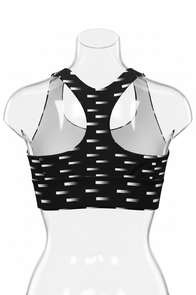 Black and white patterned sports bra with a racerback design, shown from the back on a white background.