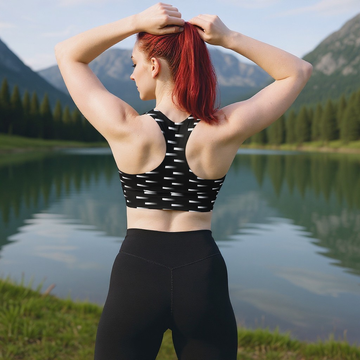 Back view of a woman with red hair standing by a lake and mountains, wearing Pixie and Sherbet’s Nightfall Edit Longline Sports Bra with a black base and modern white dash print.