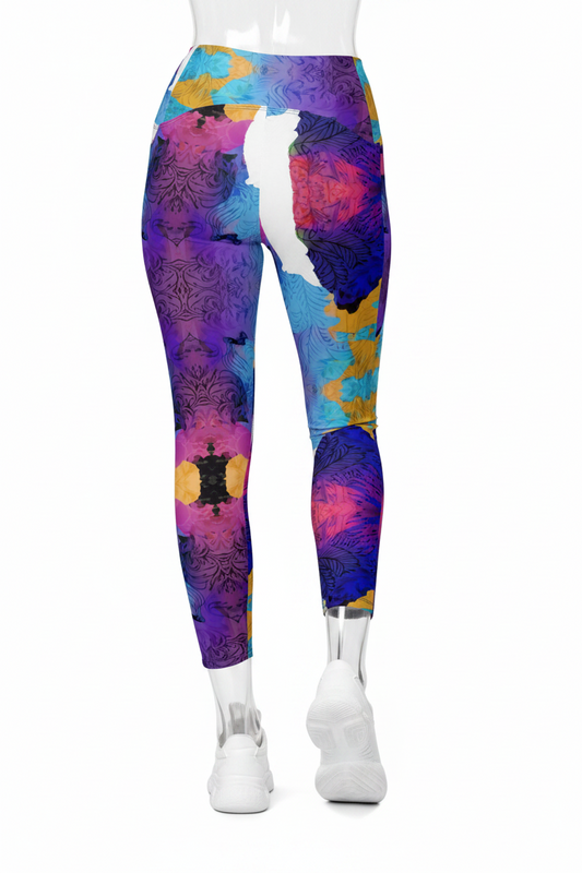 A mannequin wearing colorful abstract-patterned leggings and white sneakers, shown from the waist down against a plain white background.
