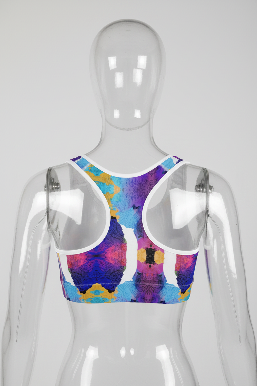 A women's sports bra with white cups and a vibrant abstract watercolor print on the cups and straps in shades of purple, blue, pink, and yellow, shown against a solid gray background.