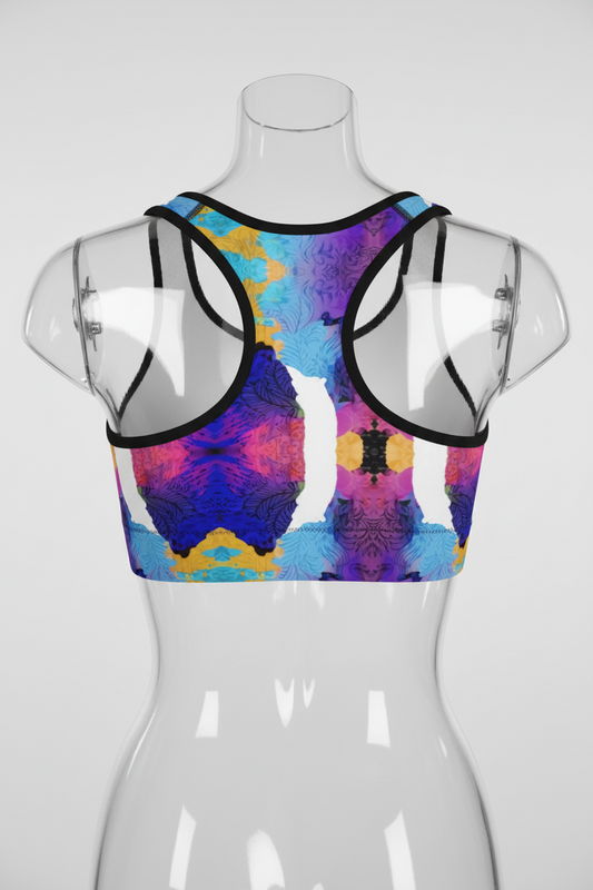 A sports bra with a vibrant abstract watercolor butterfly design in purple, blue, pink, and yellow, featuring black trim, shown against a plain white background.
