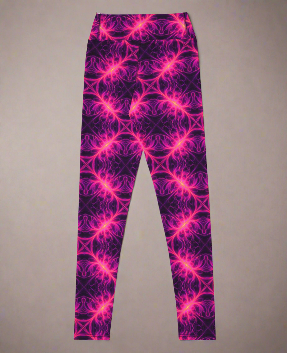 Back flat lay of Orchid Current Yoga Leggings featuring a vivid neon pink and purple fractal-inspired pattern on a deep background, highlighting the bold symmetrical design.