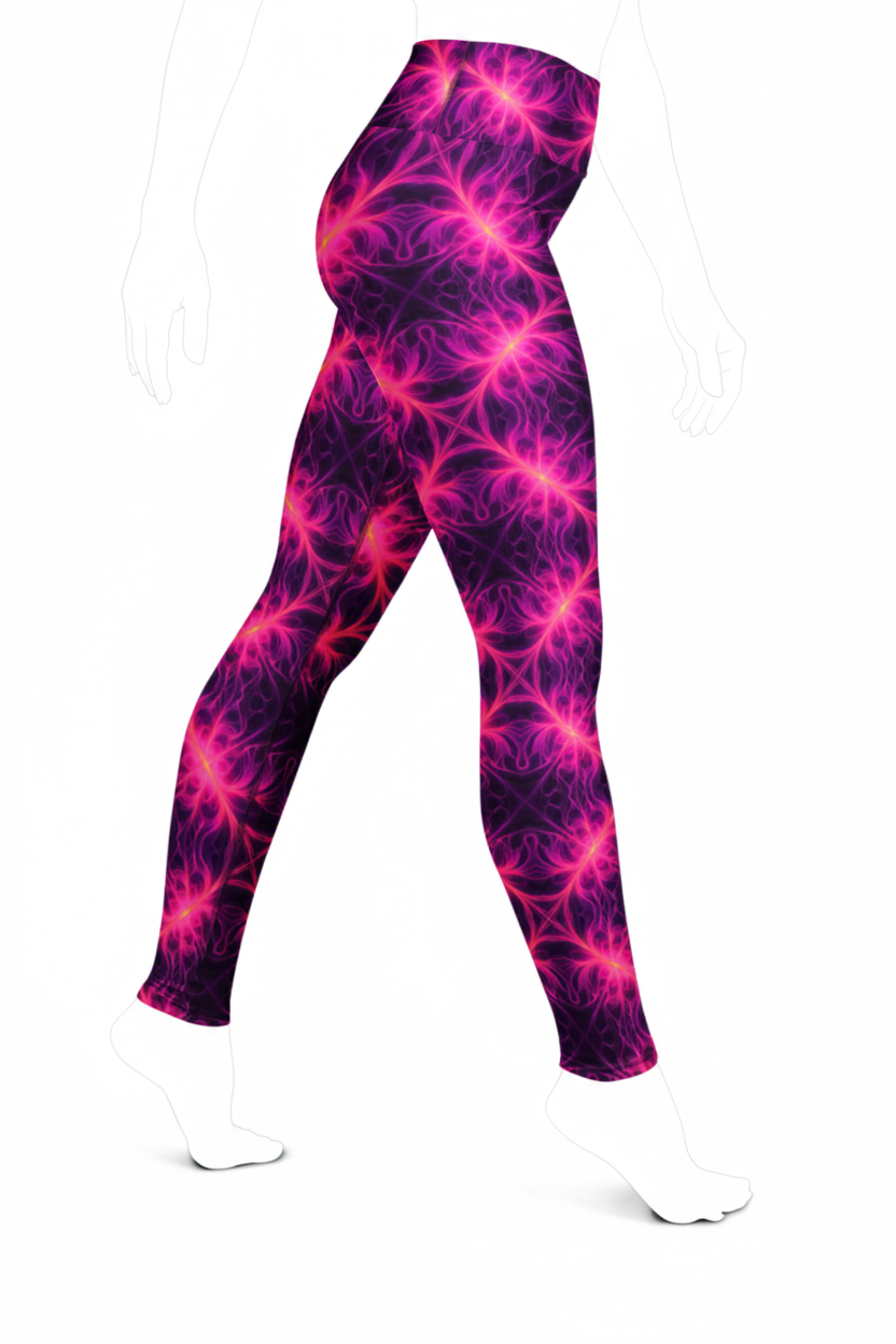 A mannequin modeling high-waisted leggings with a vivid pink and purple fractal-like abstract print on a plain white background.
