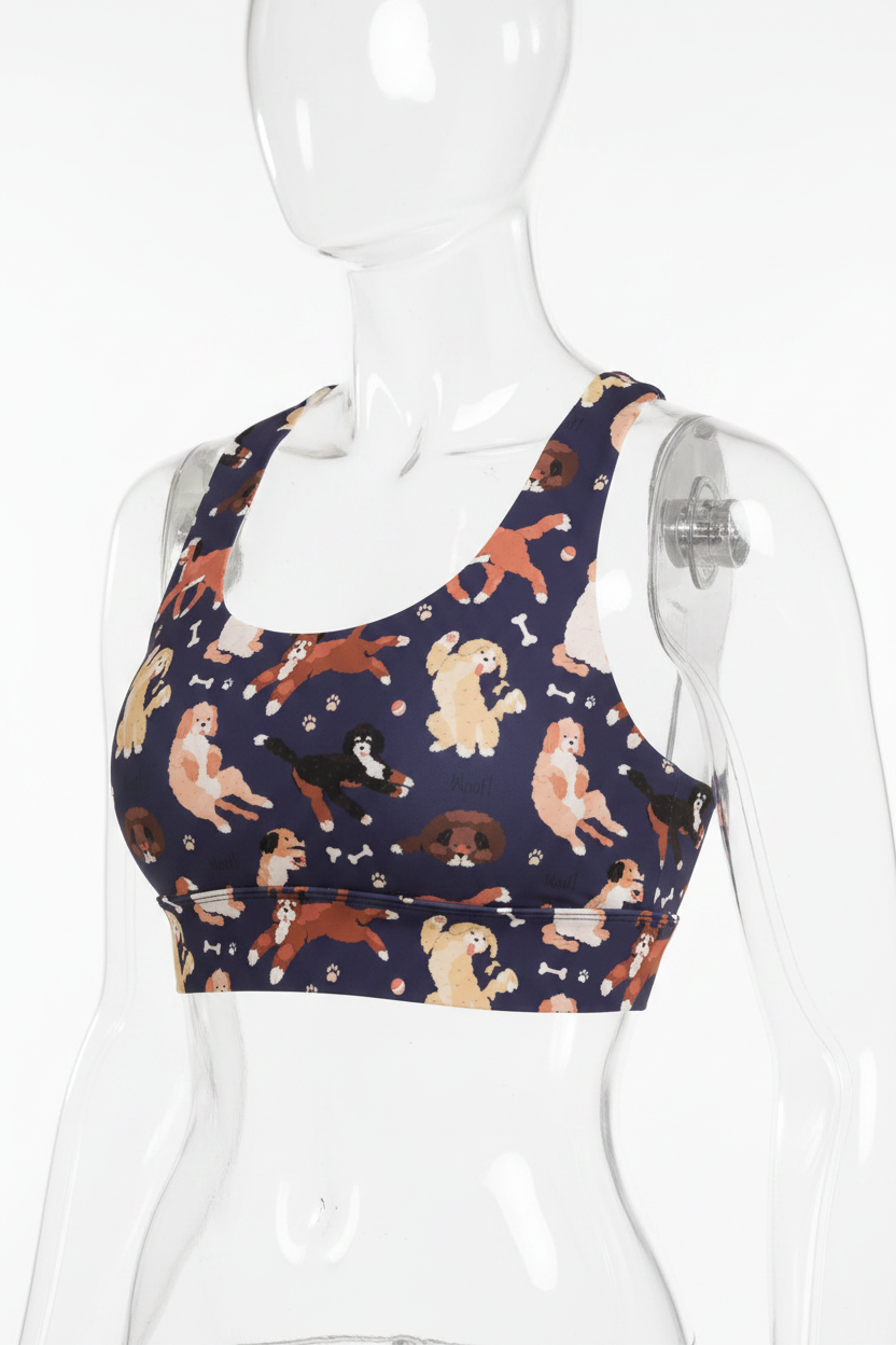 A mannequin wearing a navy blue sports bra with a playful pattern of cartoon dogs in various colors like brown, beige, and white, set against a plain white background.