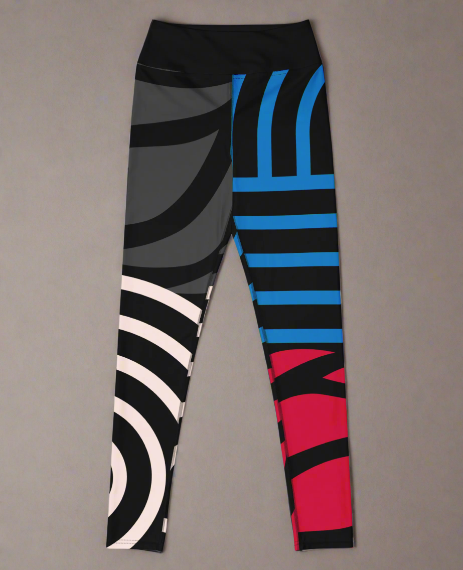Front flat lay view of colourful abstract patterned leggings on a grey background