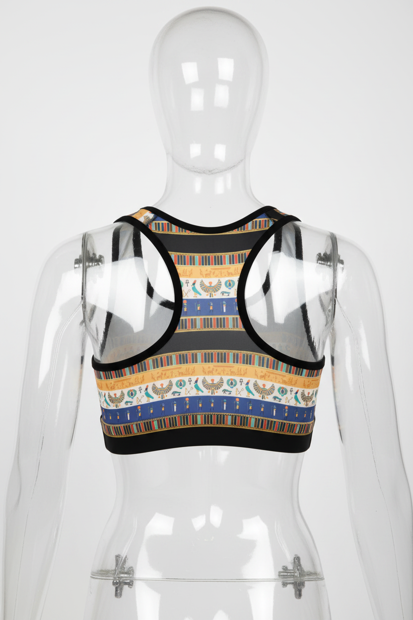 A racerback-style crop top with a colorful horizontal pattern featuring blue, gold, beige, and black stripes, along with stylized bird motifs, shown on a plain white background.