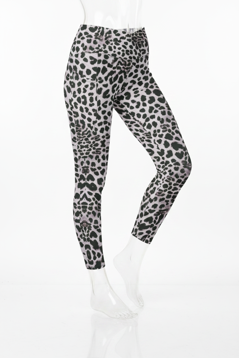 A mannequin wearing high-waisted leggings with a black and gray leopard print pattern, paired with white sneakers, shown from the waist down on a white background.