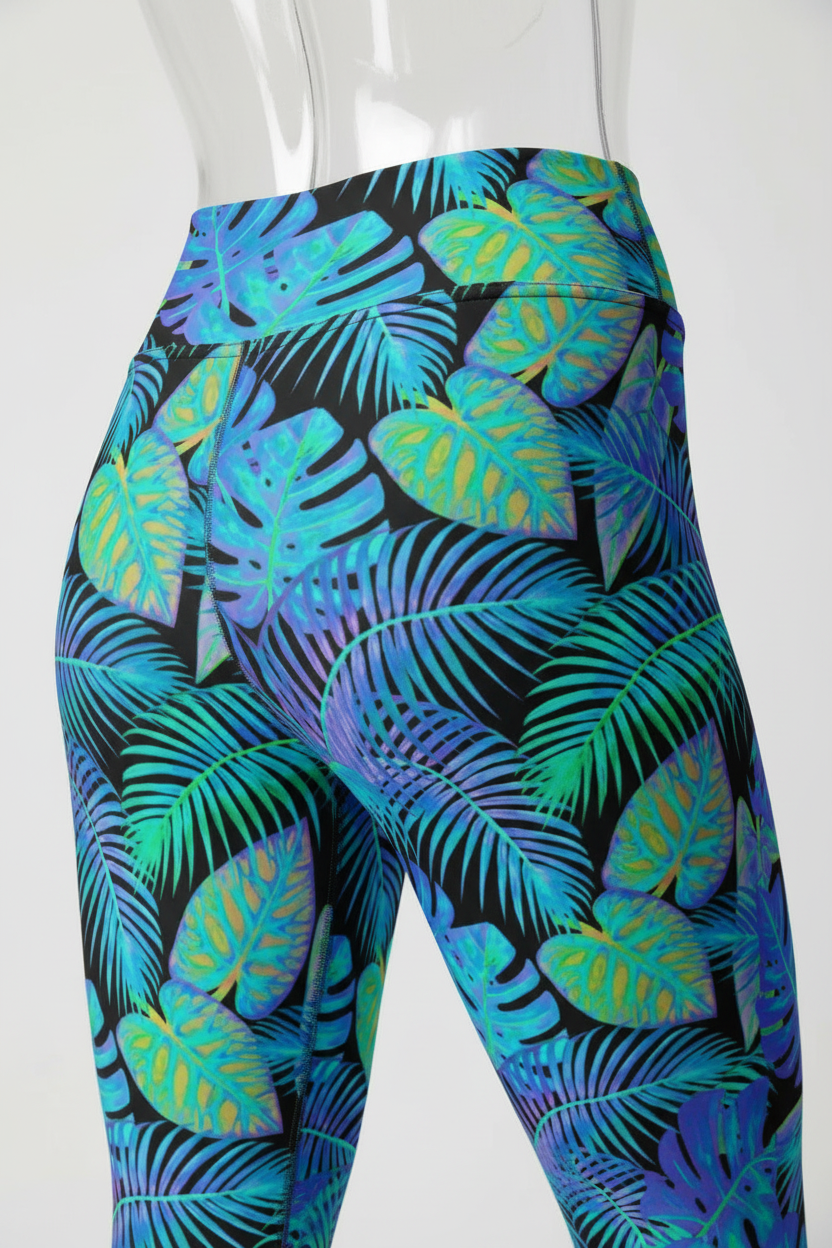 Close-up of a mannequin wearing high-waisted leggings with a bold tropical leaf print in bright blue, teal, green, and purple on a black background.