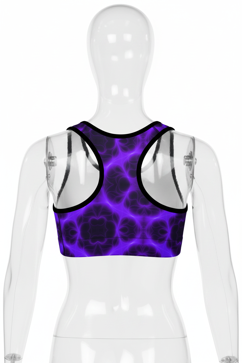 A racerback sports bra with a vibrant purple and black psychedelic pattern on the front and solid white lining on the underbust cups, outlined with black trim.