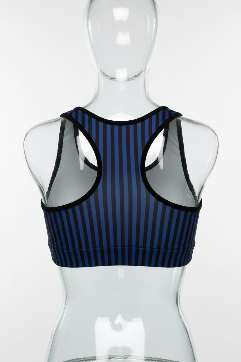 A sleeveless racerback-style top with a navy and black vertical stripe pattern on the front and solid white panels on the back, shown against a plain white background.