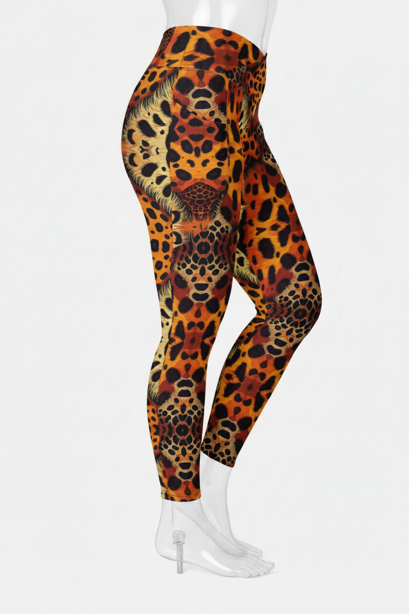 A person wearing high-waisted leggings with a bold leopard print pattern in orange, black, and brown, paired with black sneakers against a solid light gray background.