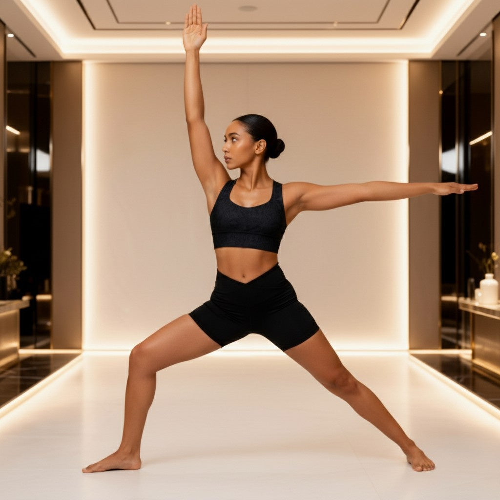 Woman in Warrior II yoga pose wearing black sports bra and shorts in a sleek, minimalist studio with soft lighting, representing Pixie & Sherbet’s Better Basics activewear collection.