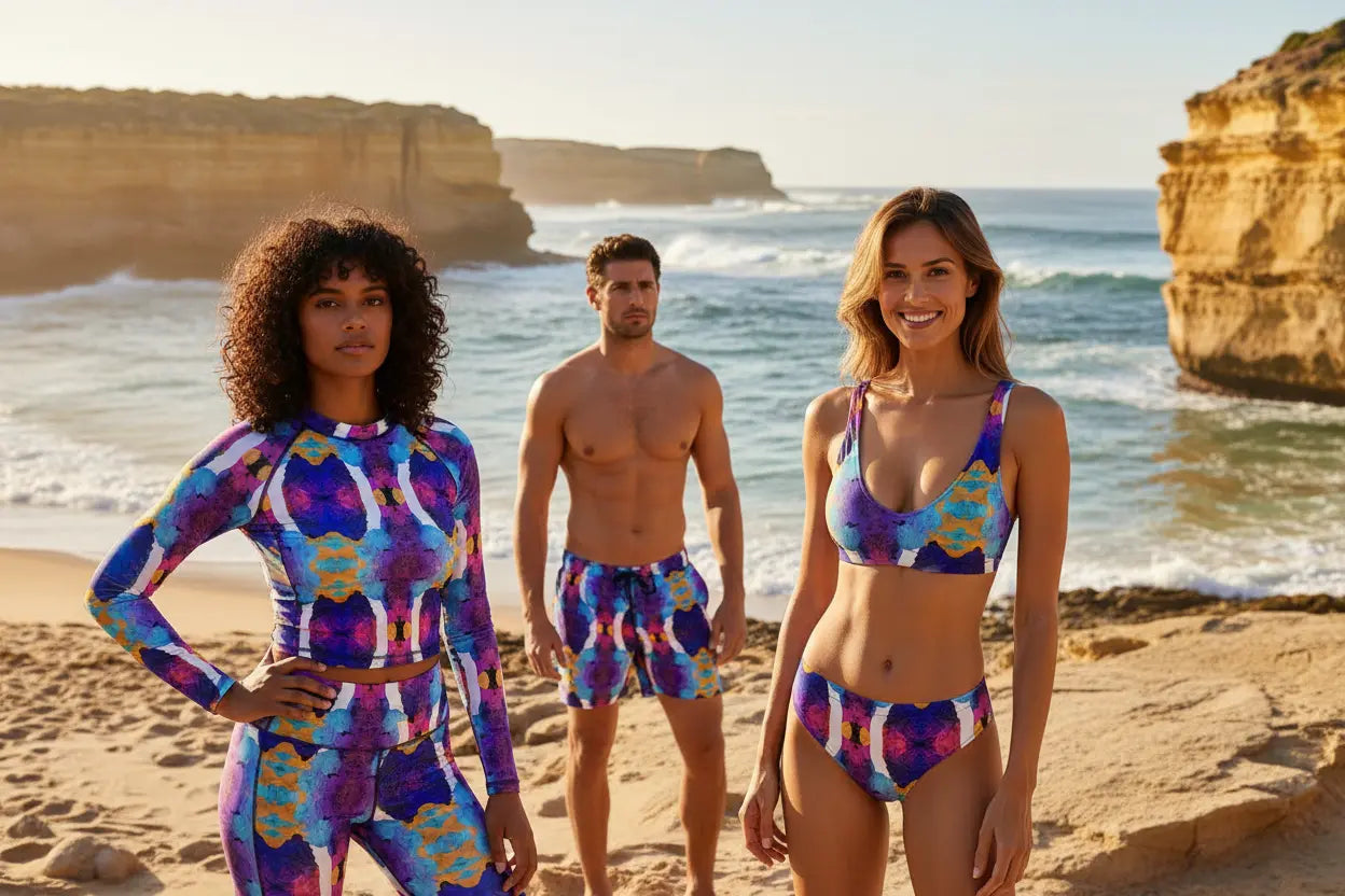 Women and a man wearing colouring Ocean inspired string bikini while posing on beach, waves in the background.