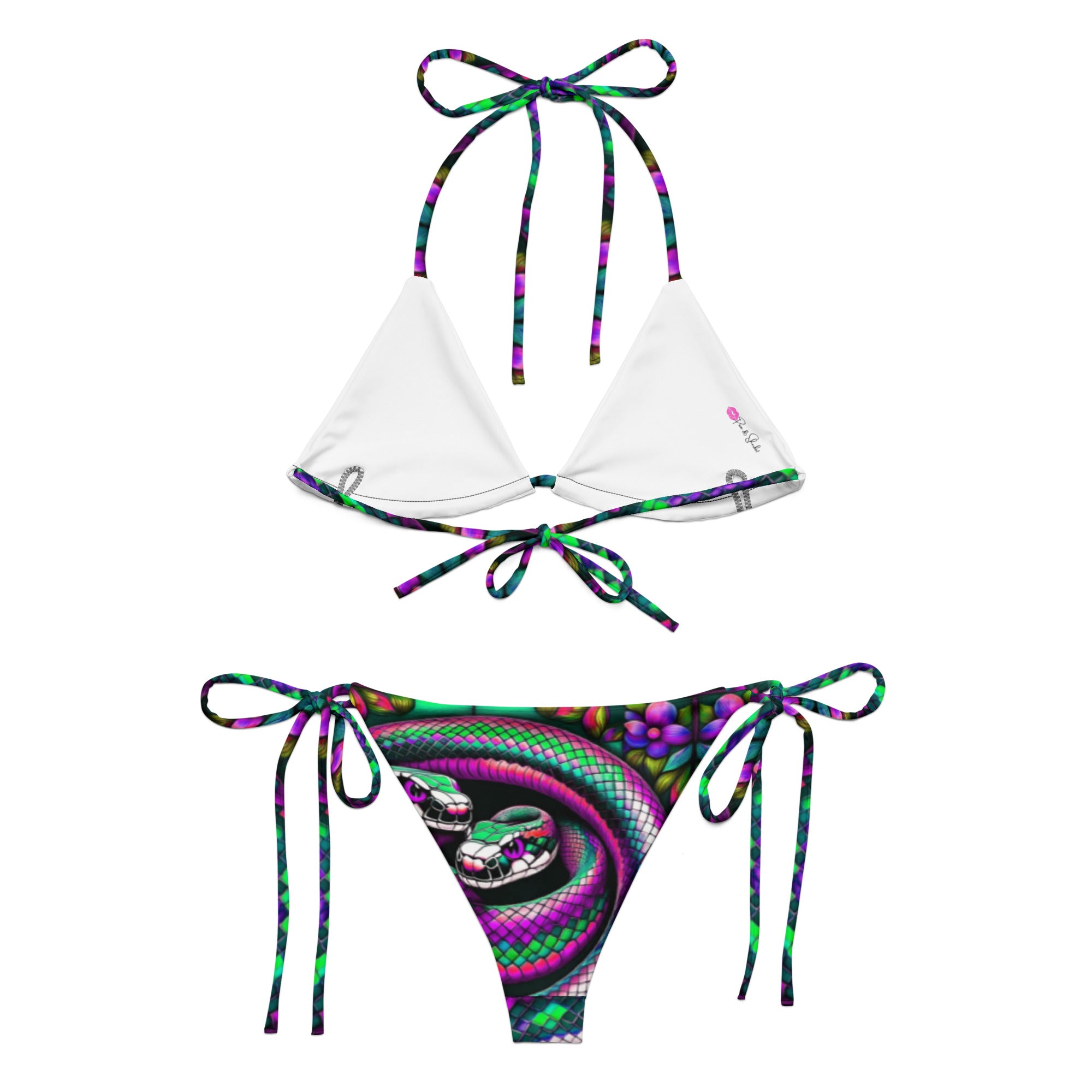 Back of Serpent String bikini in purple, green rainbow colours