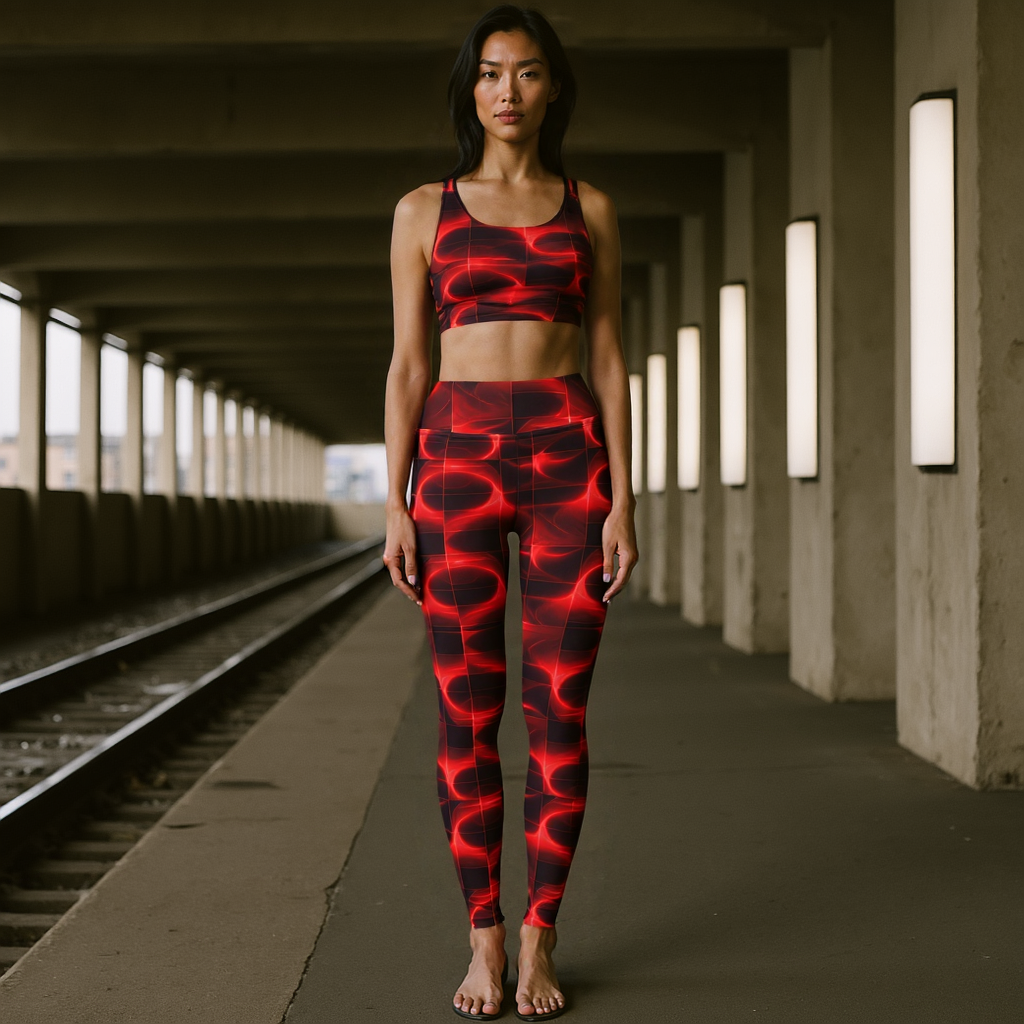 A woman stands barefoot on a train platform, wearing Blaze Ignite Yoga Leggings and a matching sports bra with a bold, glowing red and black abstract print. She has long, wavy hair and a confident, relaxed expression, embodying an active and modern vibe.