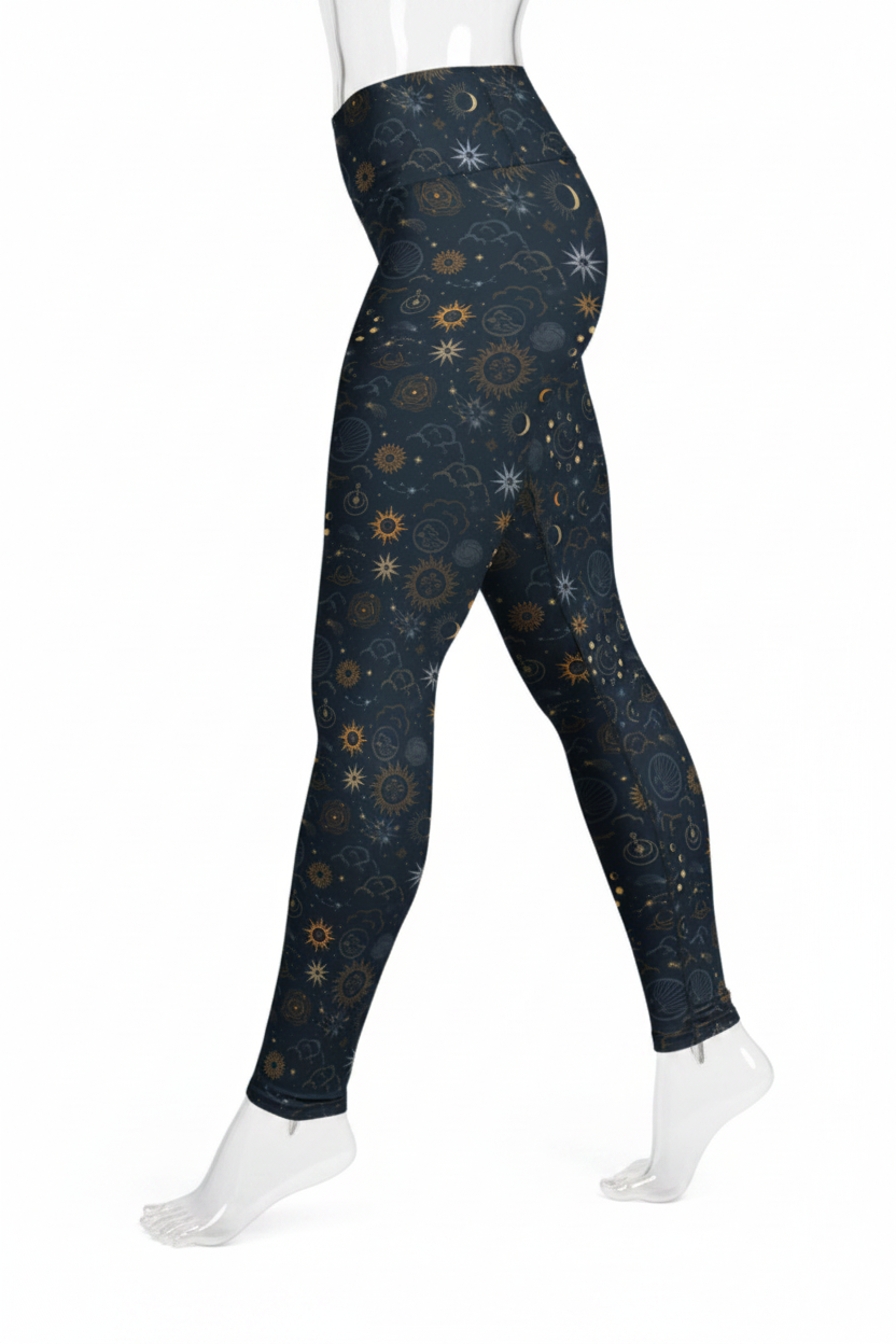 A mannequin in high-waisted leggings with a dark navy blue celestial print featuring stars, moons, and suns in gold, beige, and white, shown against a plain white background.