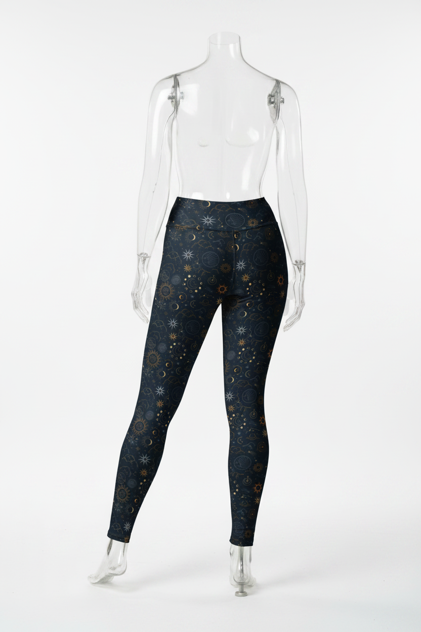 A mannequin modeling high-waisted leggings with a dark navy blue celestial print featuring stars, moons, and suns in gold, white, and light blue, shown against a plain white background.