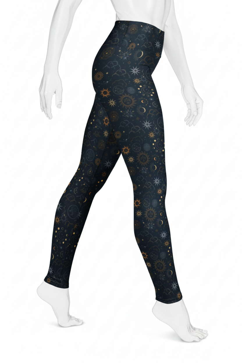 A mannequin modeling high-waisted leggings with a dark navy blue celestial print featuring stars, moons, and suns in gold, white, and light blue, shown against a plain white background.
