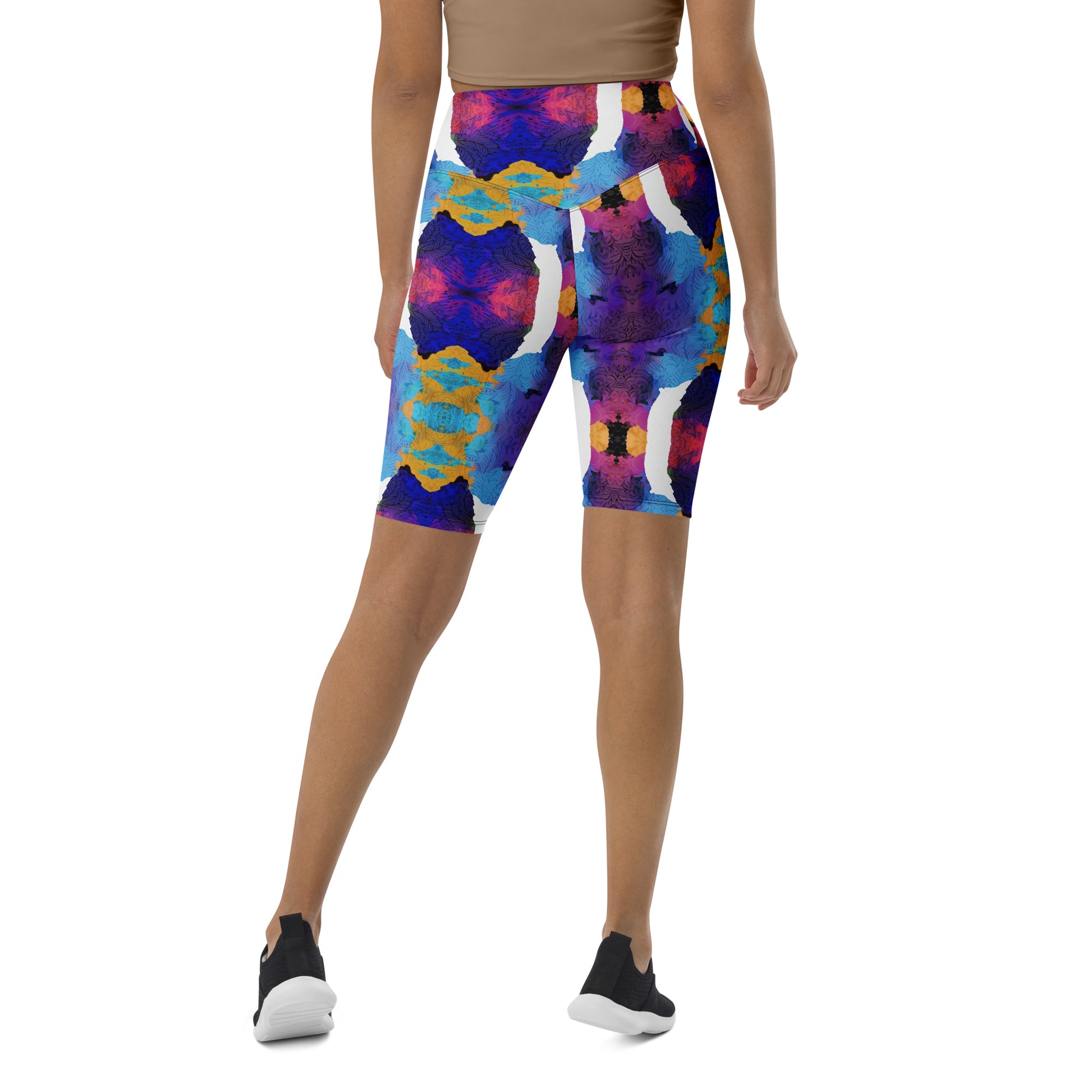 Close-up back and side view of Pixie and Sherbet’s Ocean Mirage Biker Shorts, featuring a vibrant multicolour print and high-waisted waistband.