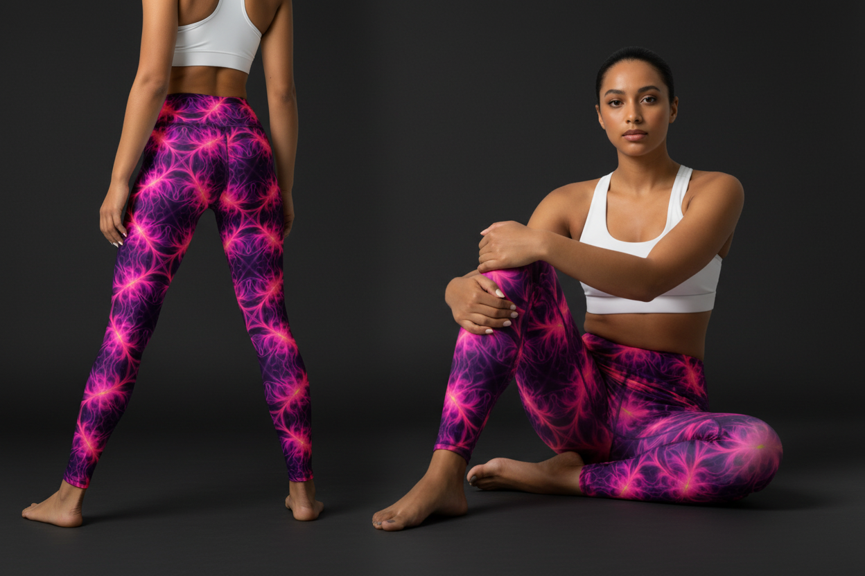 Two women wearing pink and purple tie-dye leggings on a white background