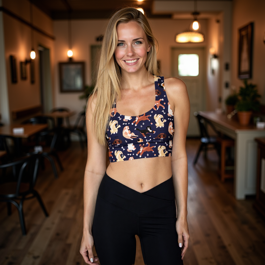 Woman wearing Pixie and Sherbet’s Puppy Parade Longline Sports Bra with a playful dog print and longline silhouette.
