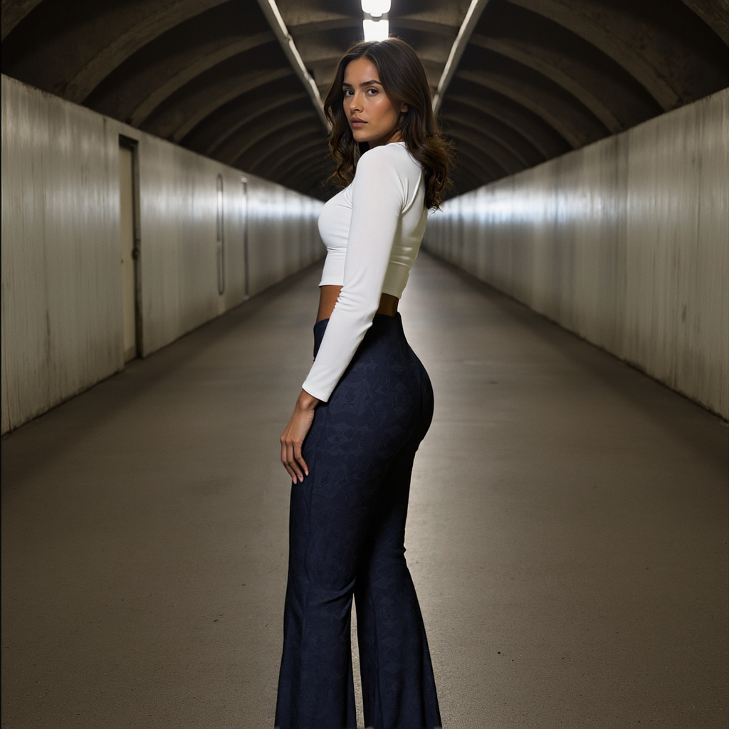 Woman wearing Shadowleaf Flare Leggings with a subtle dark botanical print, high waist, and flared legs, paired with a white long-sleeve crop top, standing in a modern tunnel.