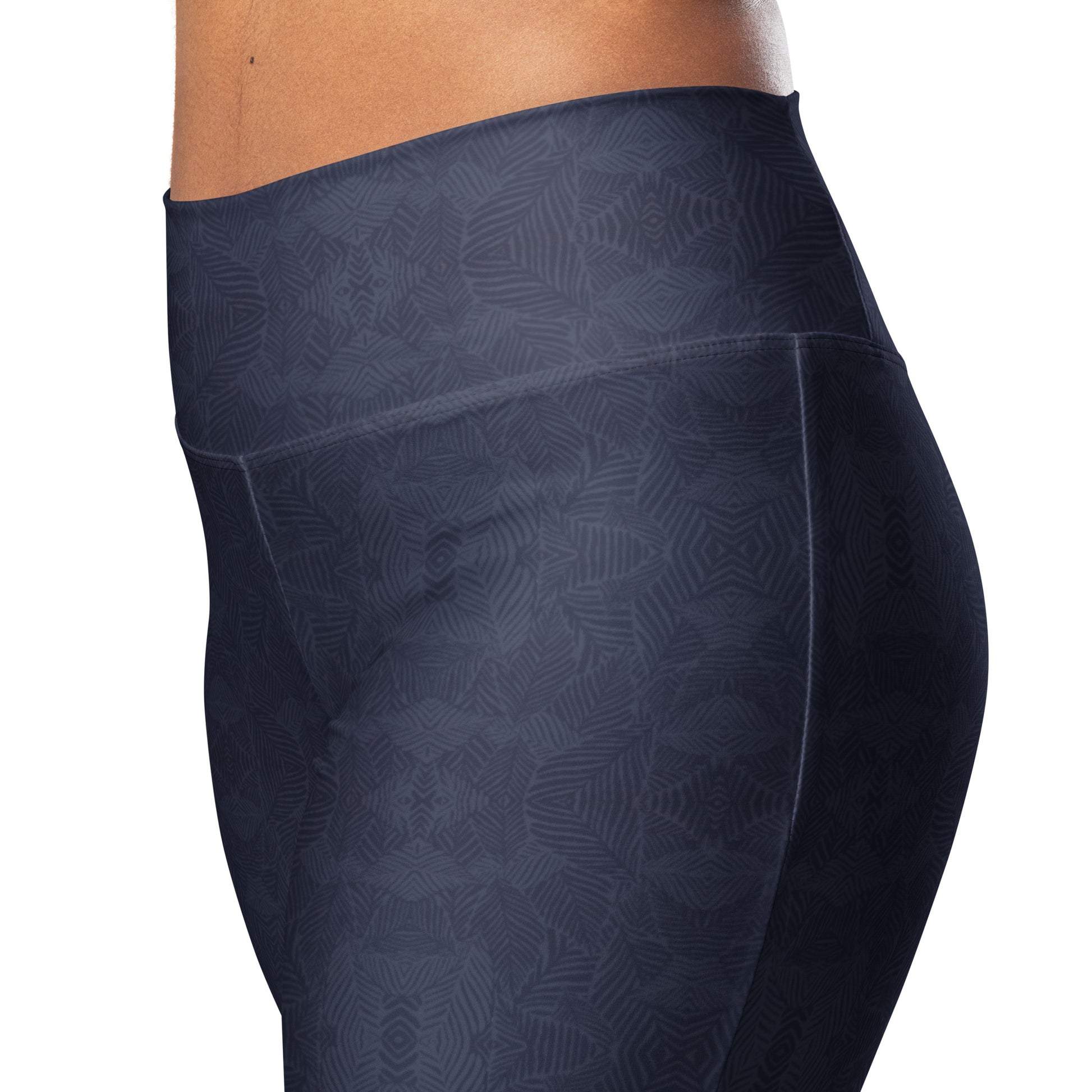 Shadowleaf Flare Leggings with a subtle dark botanical print, high waist, butt-lifting cut, and flared legs.