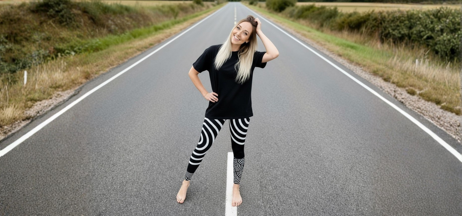 Alicia in black top and striped leggings standing on a road with fields on either side