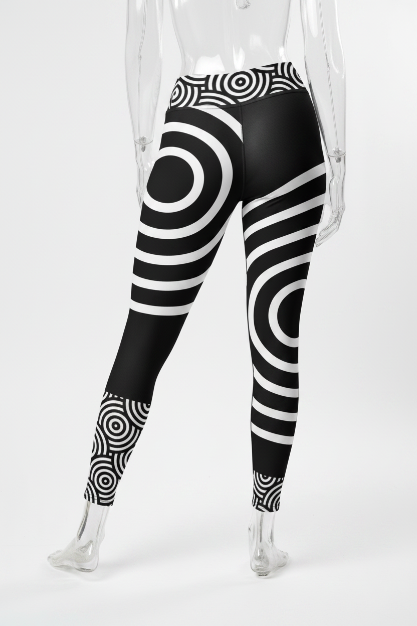 Black and white patterned leggings with concentric circle and striped optical illusion designs, shown on a model from the back against a white background.