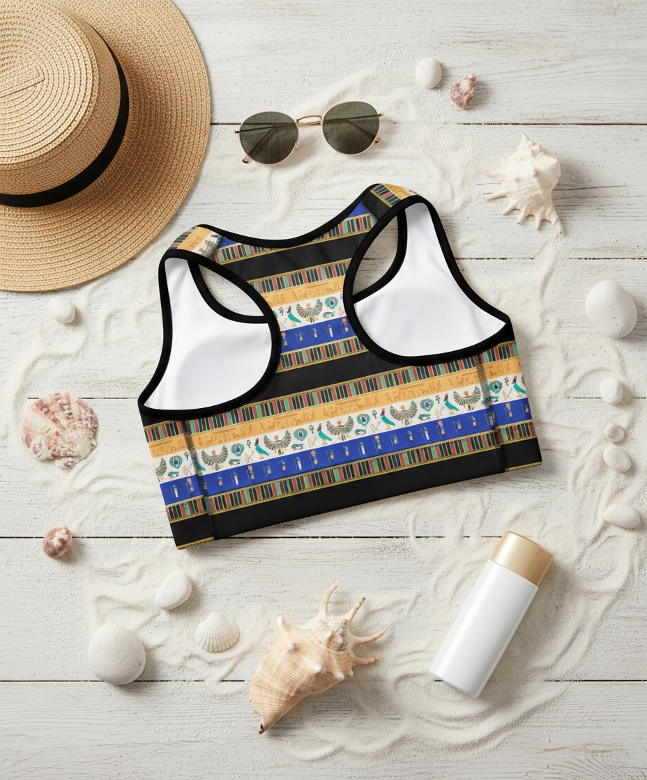 Patterned sports bra on a wooden surface with a hat, sunglasses, and lotion.
