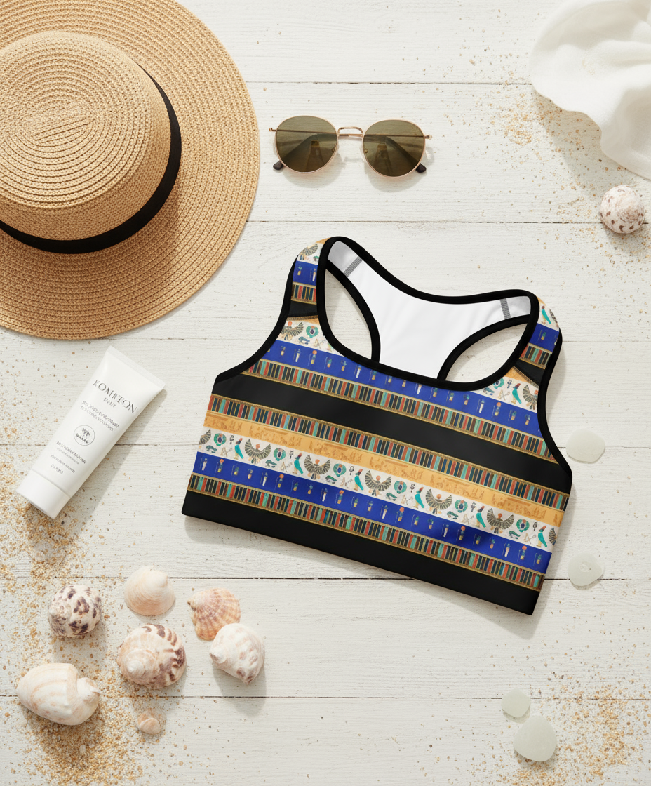 Colorful sports bra with beach accessories on a wooden surface