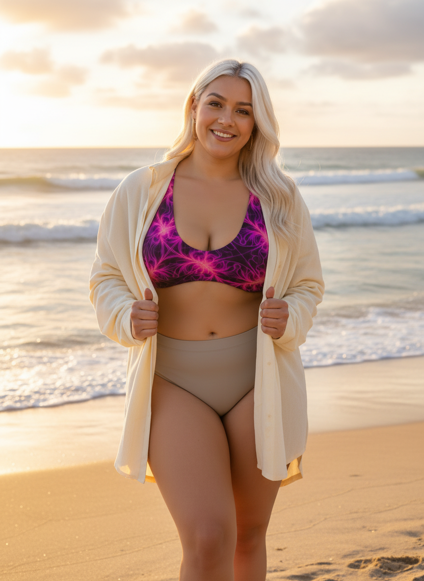 Woman in a colorful bikini and cardigan standing on a beach with waves in the background