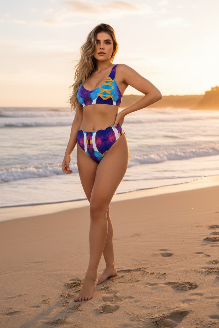 Woman in a colorful bikini standing on a beach with sunset in the background