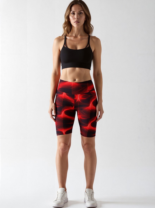 Front view of a woman wearing Blaze Ignite Bikers, featuring a vibrant red and black abstract pattern, paired with a black sports bra and white sneakers, standing against a plain light background.