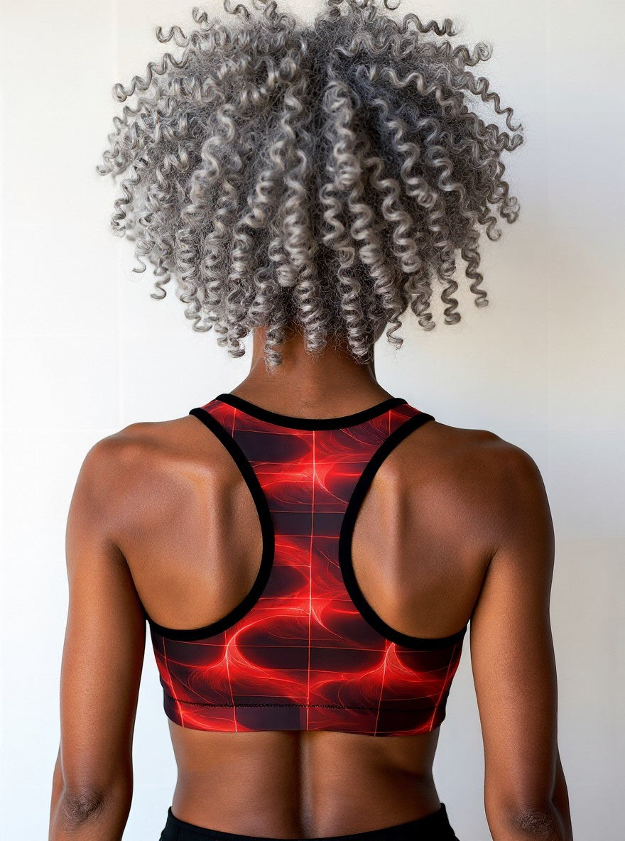 Woman wearing Blaze Ignite Essential Active Bra with a bold red and black abstract grid pattern, shown from the back, against a plain background