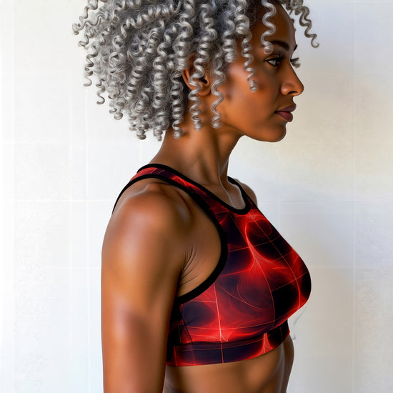 Woman wearing Blaze Ignite Essential Active Bra with a bold red and black abstract grid pattern, shown from the side against a plain background