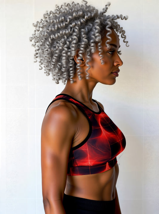 Woman wearing Blaze Ignite Essential Active Bra with a bold red and black abstract grid pattern, shown from the side against a plain background