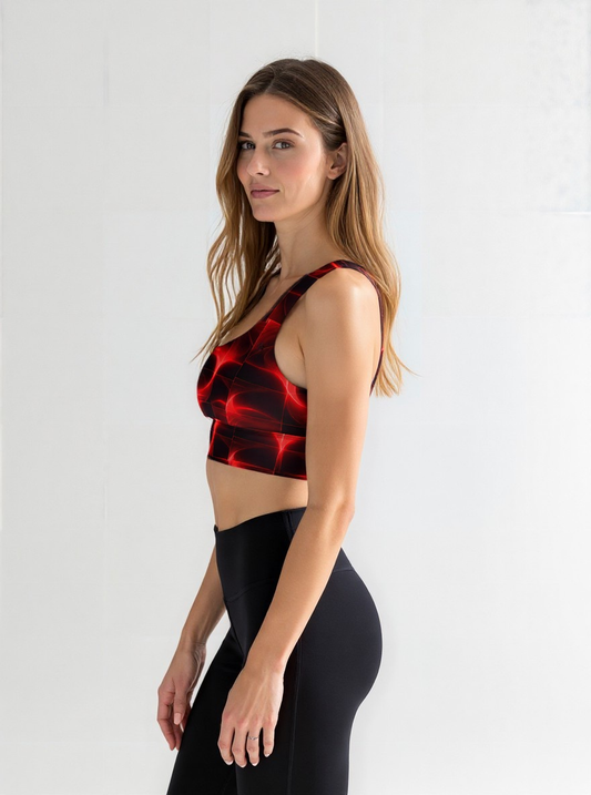 Woman wearing a Blaze Ignite longline sports bra with a vibrant red and black abstract pattern, paired with high-waisted black leggings, standing in a relaxed side pose against a plain light background.
