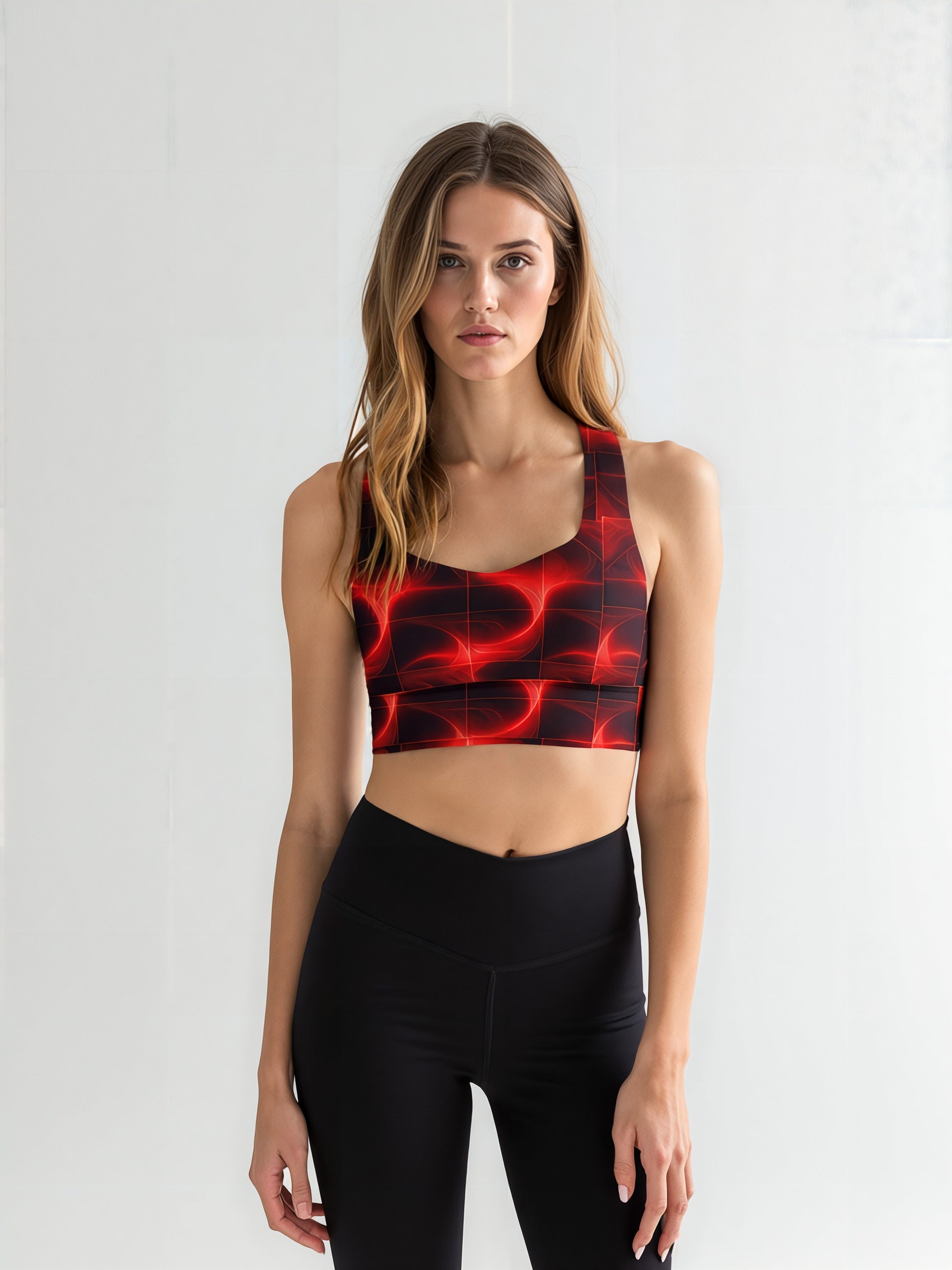 Woman wearing a Blaze Ignite longline sports bra with a bold red and black abstract pattern, paired with high-waisted black leggings, standing against a plain light background.